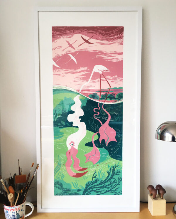 estampe encadrée d'un flamant rose en linogravure