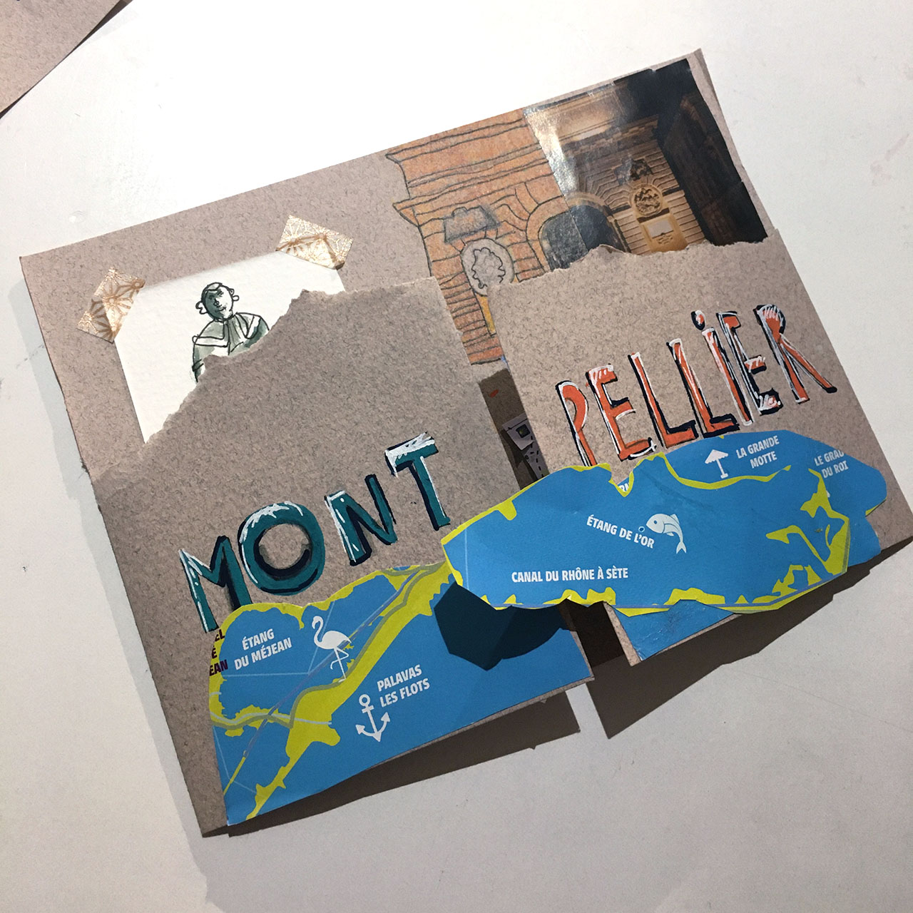 Résultat de l'atelier carnet de voyage à Montpellier, une carte postale composée de dessins et collages