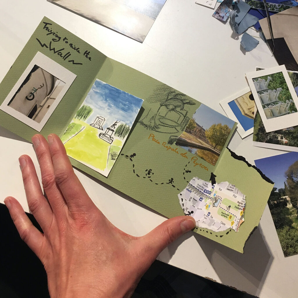 Résultat de l'atelier carnet de voyage à Montpellier, une carte postale composée de dessins et collages