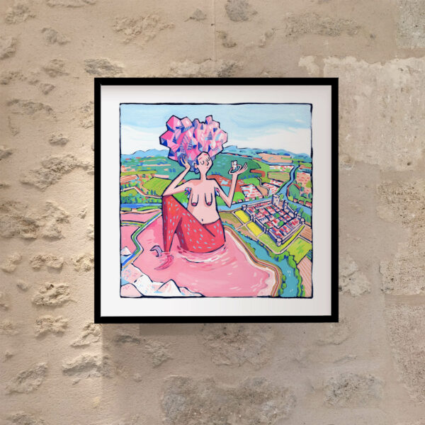 peinture à la gouache d'une sirène géante assise dans les salins roses d'Aigues-Mortes avec la cité médiévale en fond