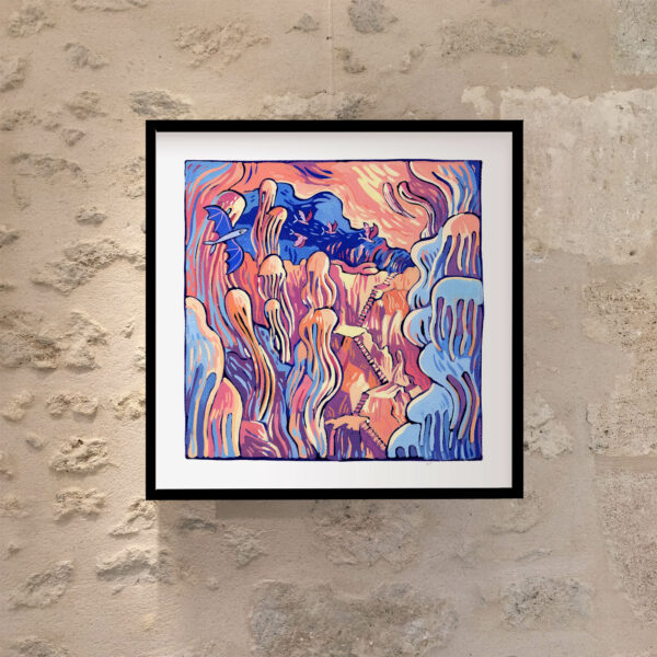 peinture à la gouache représentant le décor de l'intérieur de la grotte des Demoiselles. Les concrétions s'apparentent à des méduses. Un vol de chauve-souris poisson dans un boyau de la grotte.