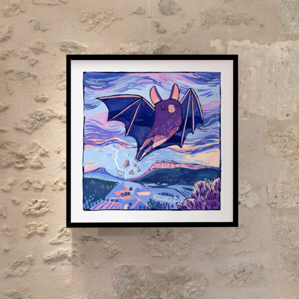 illustration à la gouache d'une chauve-souris volant les yeux fermés au dessus des falaises du Pic Saint Loup et de l'Hortus, dans un décor d'orage, dans des tons rose et violet