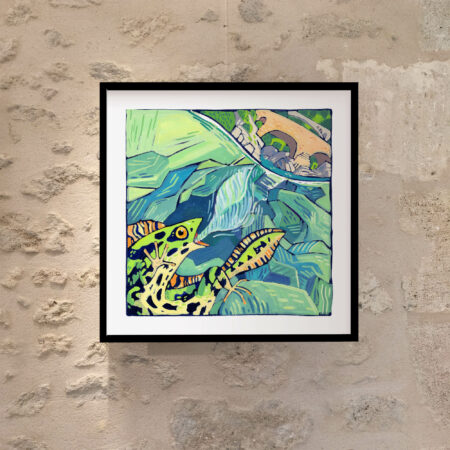 peinture à la gouache d'un triton géant sous l'eau bleu verte des Gorges de l'Hérault, créant un tourbillon vers la surface. Dans le fond, le Pont du Diable.