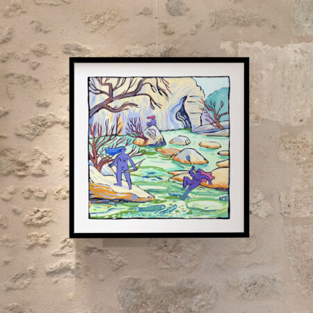 peinture à la gouache d'un décor de rivière avec trois petites archères violettes assises sur les rochers