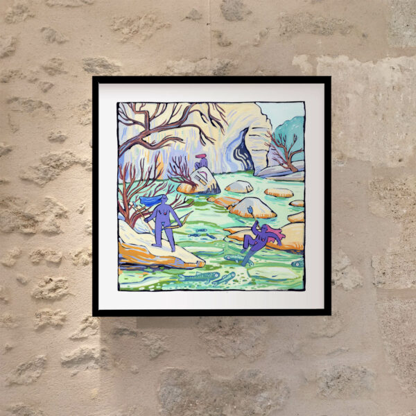 peinture à la gouache d'un décor de rivière avec trois petites archères violettes assises sur les rochers