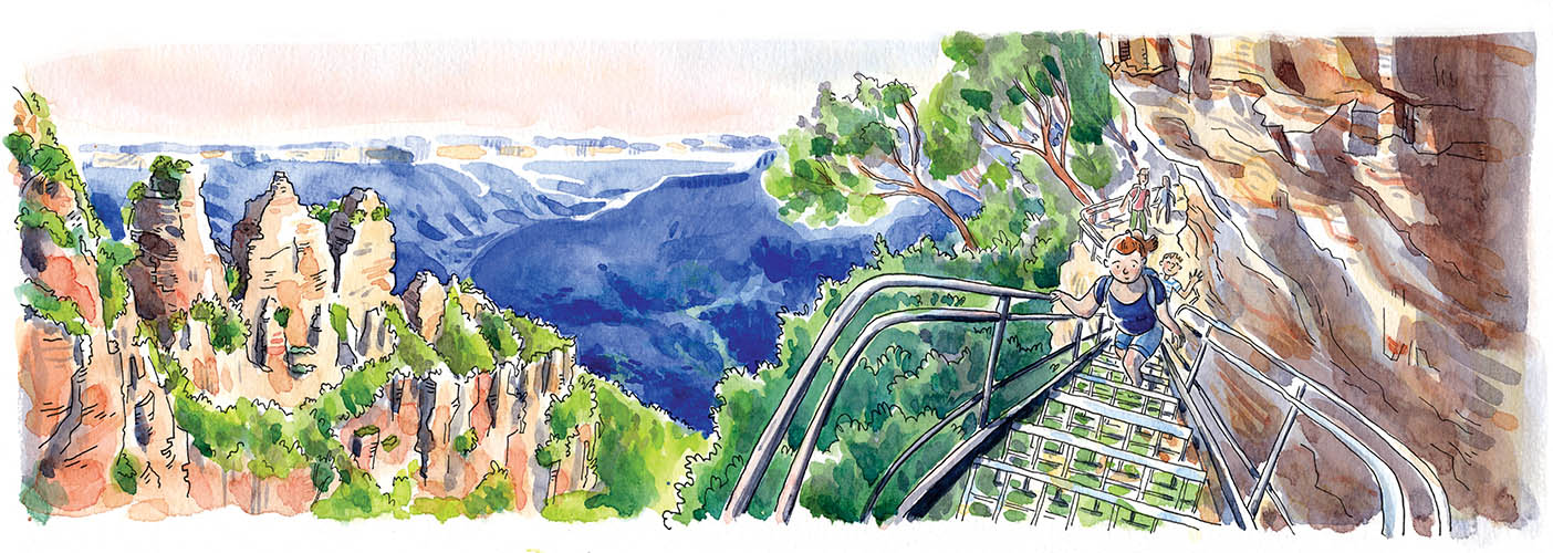 dessin à l'aquarelle issu d'un carnet de voyage en Australie représentant les blue Mountains et Three Sisters depuis le Giant Stairway