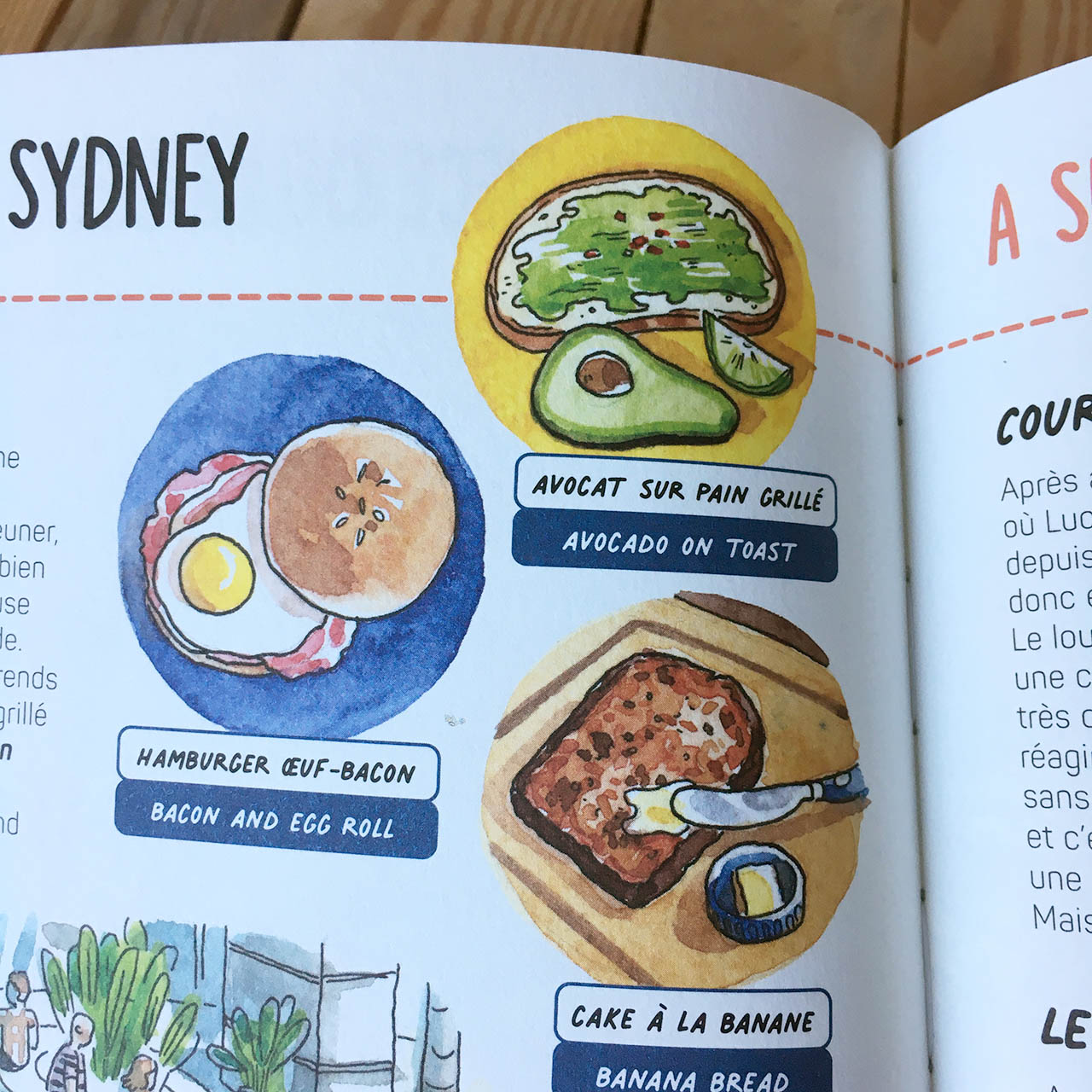 livre Bienvenue en Australie ouvert montrant trois vignettes représentant de la nourriture : avocado on toast, bacon and eggs,