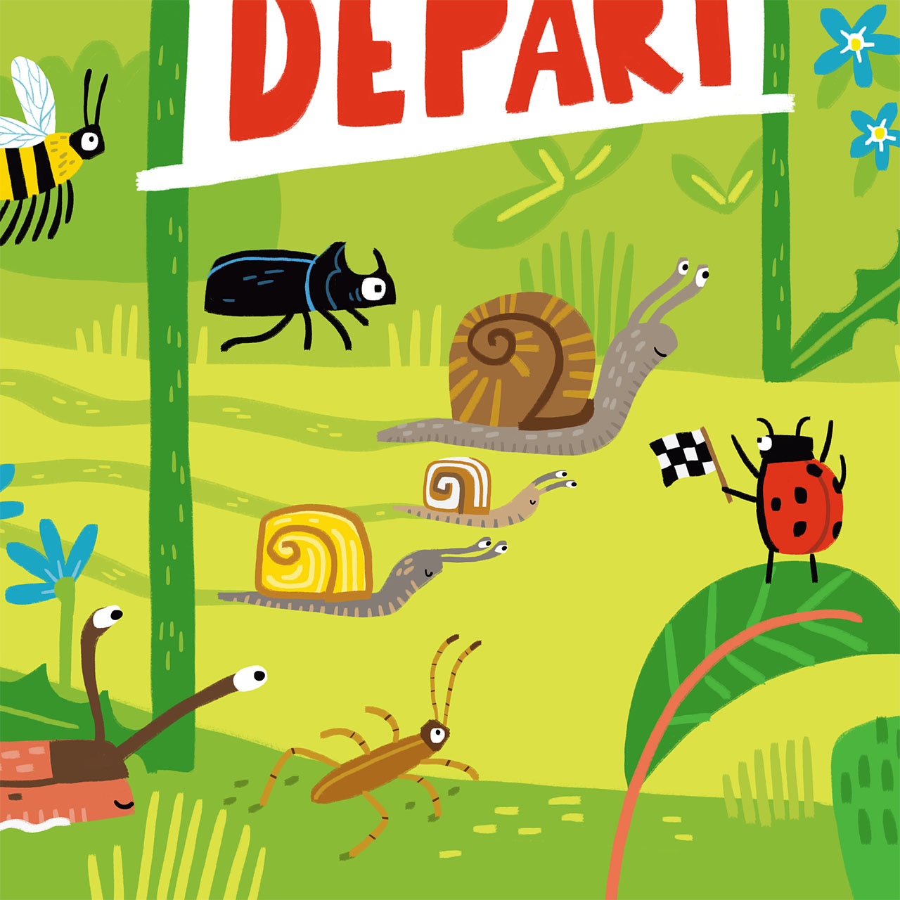 illustration en aplat numérique dans les tons de vert montrant 3 escargots sur la ligne de départ entourés d'autres insectes, coccinelle, limace, scarabée, abeille